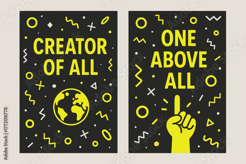 Creator & One Above All. Creator of All. Two vertical A6 banners with safe margins, centered composition, no elements touching edges, memphis, charcoal and
