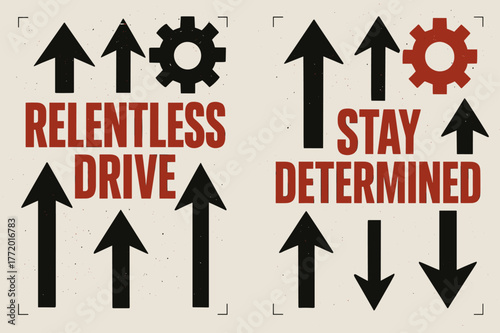 Relentless Drive Banners. Relentless drive. Two vertical A6 banners with safe margins, centered composition, no elements touching edges, brutalist, black and