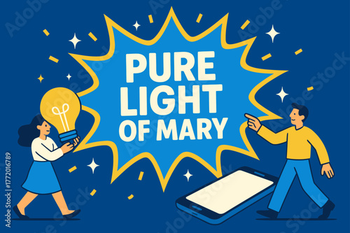 Mary's Light Banner. Pure Light of Mary banner, flat vector illustration, bold oversized text inside splash explosion banner, cartoon characters walking and