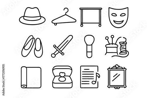 Costume Prop Essentials. Costume and Props. Line icon set of Costume and Props: hat, hanger, wardrobe rack, mask, stage shoes, prop sword, makeup brush, sewing