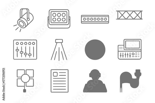 Stage Lighting Icons. Stage Lighting. Line icon set of Stage Lighting: spotlight, floodlight, LED bar, rig truss, dimmer board, light beam, gobo pattern,