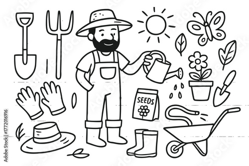 Gardener's Essentials Icons. Gardener. Hand-drawn doodle illustration gardener watering can, shovel, rake, gloves, hat, boots, flower pot, trowel, hose,