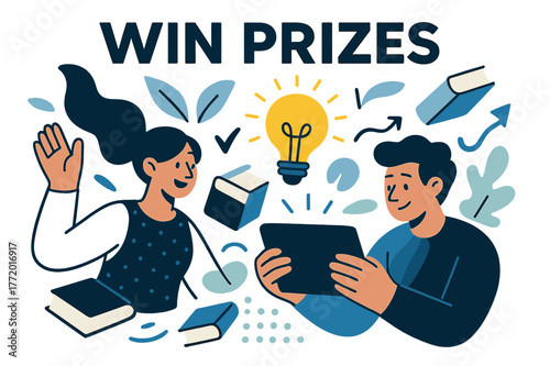 Inspiring Digital Innovation. WIN PRIZES. Floating books, hands holding tablet, lightbulb glowing, abstract shapes around, inspiration and innovation at work.