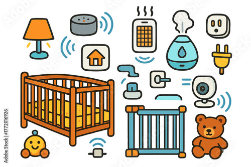 Smart Nursery Icons. Smart nursery setup. Colorful Hand-drawn doodle Children illustration Smart nursery setup crib, night lamp, smart speaker, humidifier, air