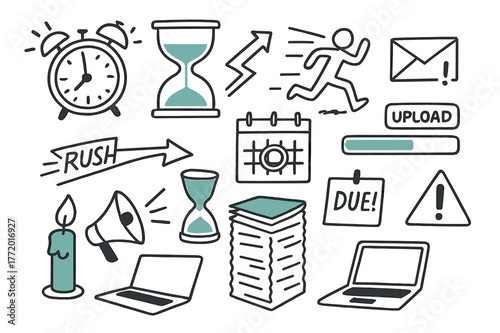 Deadline Pressure Icons. // Deadline crunch. Hand-drawn doodle illustration Deadline crunch [alarm clock (accented), hourglass (accented), calendar with red