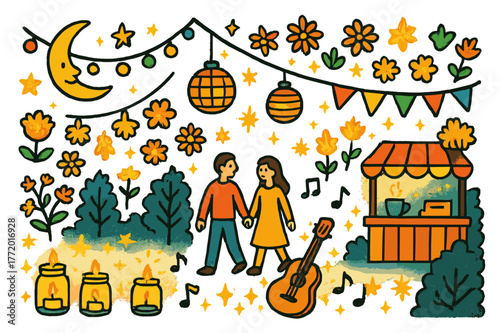 Enchanting Evening Garden. Evening garden lights. Colorful Hand-drawn doodle Children illustration Evening garden lights fairy lights, lanterns, flowers