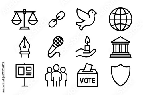 Human Rights Icon Set. Human rights through art. Line icon set of human rights through art: scales, broken chain, dove, globe, pen, microphone, candlelight