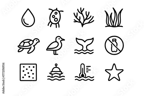 Ocean Health Icons. Ocean Health. Line icon set of Ocean Health: clean water droplet, plankton icon, coral branch, seagrass bed, sea turtle, seabird, whale