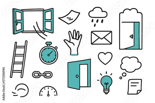 Missed Opportunity Icons. // Missed opportunity. Hand-drawn doodle illustration missed opportunity [open window (accented), flying paper (accented), ladder,