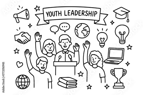 Youth Leadership Icons. Youth Leadership. Hand-drawn doodle illustration Youth Leadership young people, podium, raising hands, speech bubbles, globe,