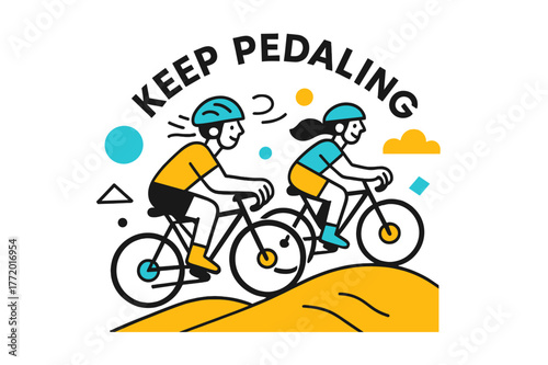 Cycling Adventure. People engaging in sports and recreational activities ? Cycling on a hill trail. Bikes roll across minimalist hills; wind lines curve around