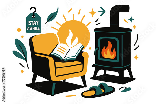 Cozy Hearth Reading. Keeper of the Hearth ? Quiet Read by the Stove. A chair, a book, and slippers rest in perfect calm; page edges glow with firelight. Tag