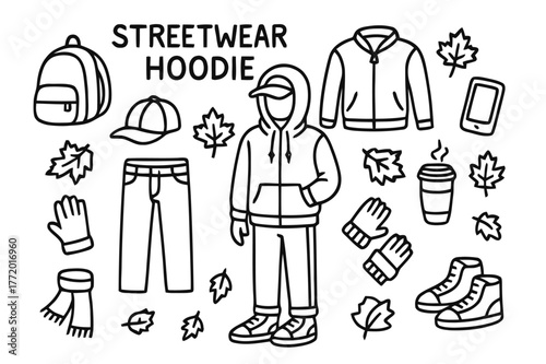 Streetwear Essentials Sketch. Streetwear Hoodie. Hand-drawn doodle illustration Streetwear Hoodie hoodie, person wearing hoodie, hood, zipper,