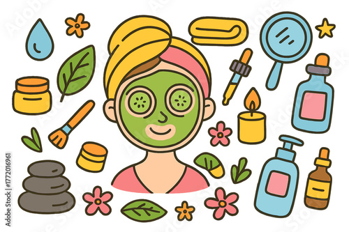 Colorful Spa Doodles. facial spa. Colorful Hand-drawn doodle Children illustration facial spa face mask, cucumber slices, headband, towel, cream jar, brush,