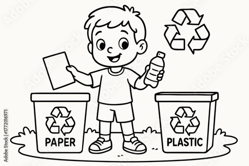 Kid Recycling Fun. Recycling children?s coloring book illustration, outlined drawing, a kid recycling paper and plastic, educational design for kids, clear