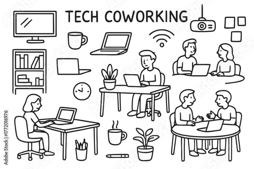 Tech Coworking Doodles. Tech Coworking. Hand-drawn doodle illustration Tech Coworking laptops, desks, chairs, coffee cups, monitors, people working, office