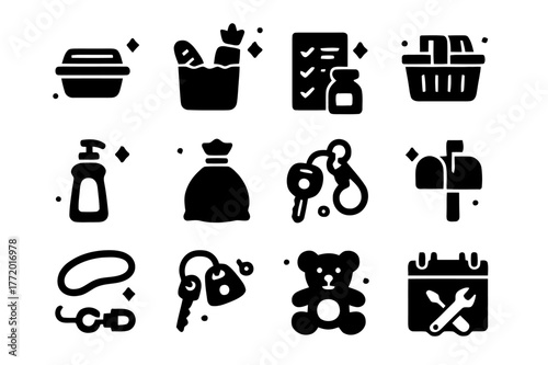 Bereavement Help Icons. Practical help during bereavement. Solid icons set of Practical help during bereavement: meal container, grocery bag, chores checklist,