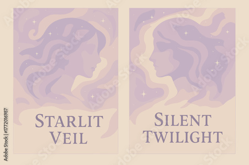 Cosmic Banners Design. Cosmic Veil. Two vertical A6 banners with safe margins, centered composition, no elements touching edges, pastel, lavender and cream,