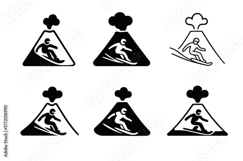 Volcano Boarding Logos. Volcano boarding. Set Logo of Volcano boarding: rider carving ash slope. harmonious logo variations of the same emblematic concept,