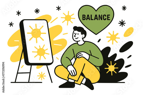 Seasonal Light Therapy. Seasonal Light Therapy. A person sits beside a bright lamp; sunlight shapes overlap with heart icons labeled ?Balance.? Snowflakes