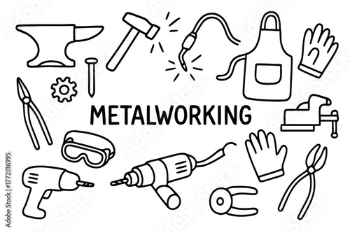 Metalworking Tools Doodle. Metalworking. Hand-drawn doodle illustration metalworking anvil, hammer, sparks, welding torch, tongs, steel rod, gear, vise,