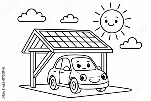 Solar Carport Coloring Fun. Solar carport children?s coloring book illustration, outlined drawing, a cheerful car parked under a solar roof while the sun