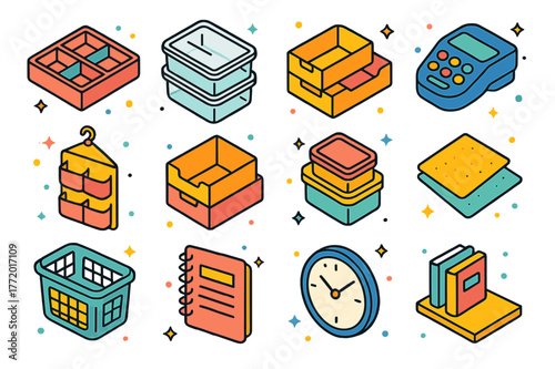 Colorful Home Organization Icons. Home organization tools. Colorful isometric vector icons set of Home organization tools: drawer dividers, clear storage bins,