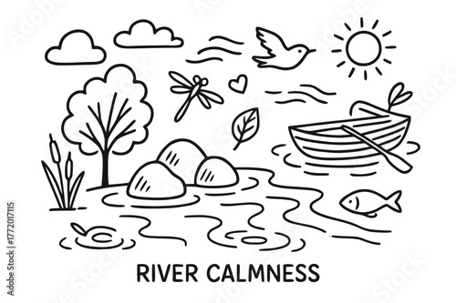 Tranquil River Doodle. River calmness. Hand-drawn doodle illustration river calmness flowing water, rocks, tree, leaf, fish, boat, reeds, dragonfly, bird,