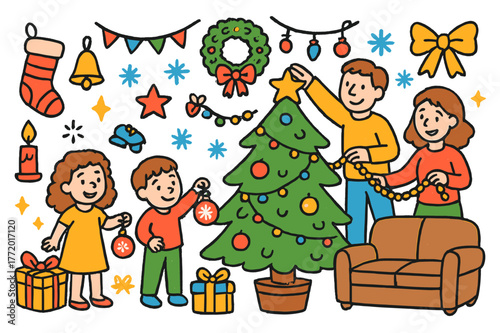Family Holiday Decorating. family decorating. Colorful Hand-drawn doodle Children illustration family decorating family, Christmas tree, ornaments, lights,