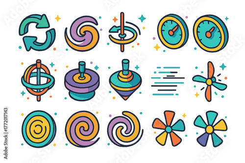 Colorful Motion Icons. spinning motion symbols. Colorful isometric vector icons set of spinning motion symbols: circular arrows, swirl icon, rotation axis,