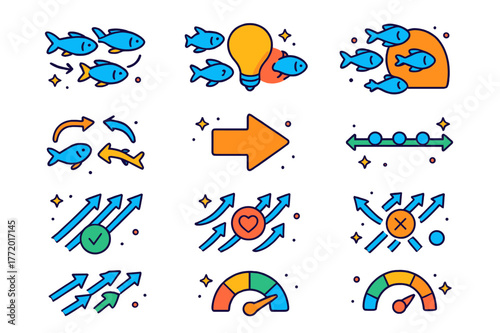 Isometric Synchronization Icons. Synchronization and energetics. Colorful isometric vector icons set of Synchronization and energetics: phase-matched