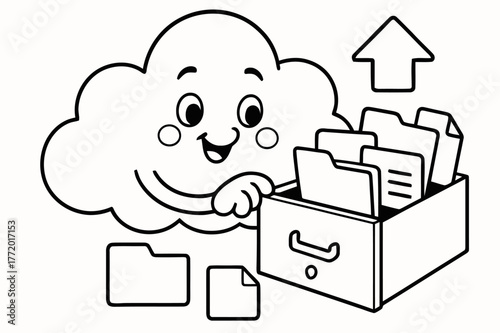 Playful Cloud Storage. Online storage concept children?s coloring book illustration, outlined drawing, a cheerful cloud opening a small drawer full of simple