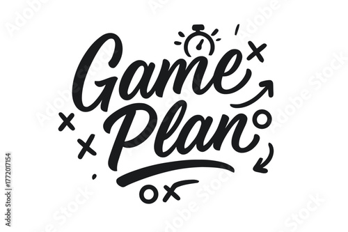 Game Plan Design. Game Plan ? Script Hand-Lettering; brush script with semi-cursive connectors and fluid pressure contrast; centered layout with gentle upward