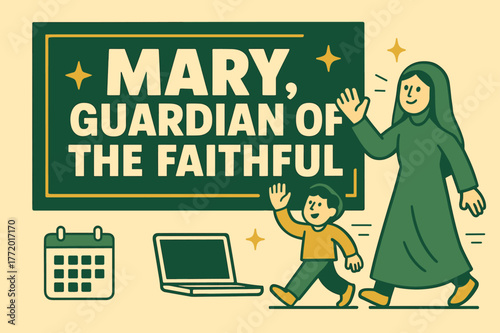 Mary's Guardian Banner. Mary, Guardian of the Faithful banner, flat vector illustration, bold oversized text inside rectangular frame, cartoon characters