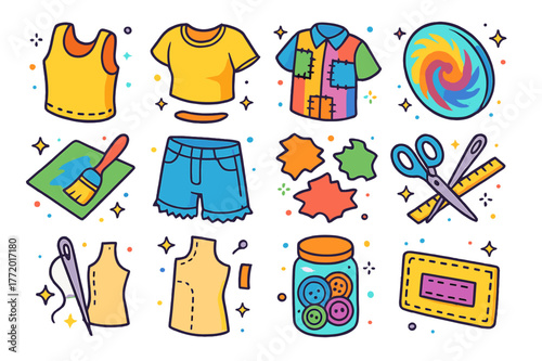 Colorful Upcycled Fashion Icons. Upcycled clothing ideas. Colorful isometric vector icons set of Upcycled clothing ideas: cut-sleeve tank top, crop tee,