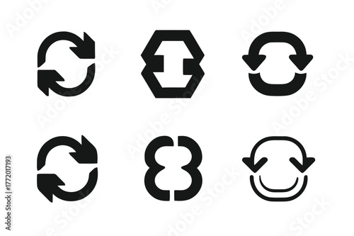 Business Continuity Logos. Business continuity risk. Set Logo of Business continuity risk: interrupted looped arrows. harmonious logo variations of the same