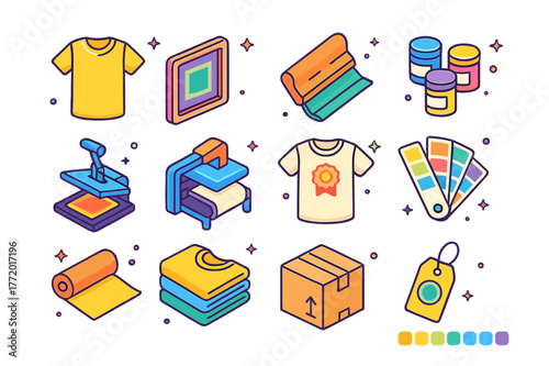 T-Shirt Design Icons. T-shirt printing and design. Colorful isometric vector icons set of T-shirt printing and design: blank tee, screen printing frame,
