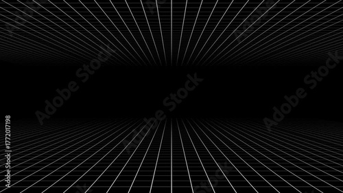 3D infinite white grid tunnel seamless loop animation with grid line top and bottom moving forward on black background. 4K animated background for tech intro, vj loop, editing, and motion graphics.