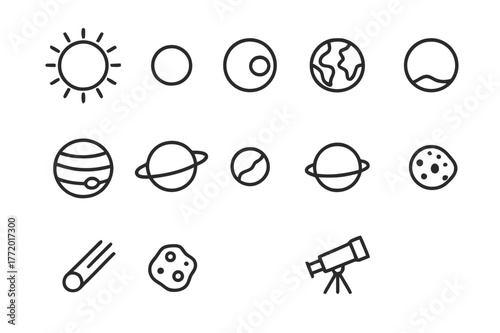 Solar System Icon Set. Solar system diagram. Line icon set of solar system diagram: sun, mercury, venus, earth, mars, jupiter, saturn, uranus, neptune, comet,