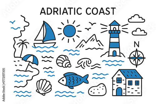 Adriatic Coast Doodle. // Adriatic coast. Hand-drawn doodle illustration Adriatic coast [coastal map (accented), sailboat (accented), lighthouse (accented),