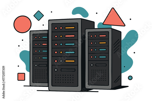 Modern Server Aesthetics. Server Rack. Row of server racks with blinking lights and floating abstract geometric shapes, modern and high-tech environment.