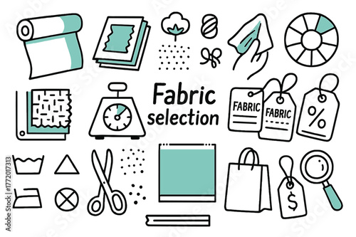 Fabric Selection Icons. // Fabric selection. Hand-drawn doodle illustration fabric selection [bolt of fabric (accented), swatch book (accented), fiber icons,