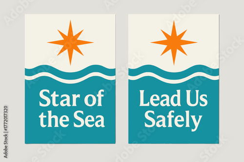 Starry Sea Banners. Star of the Sea. Two vertical A6 banners with safe margins, centered composition, no elements touching edges, modern, turquoise and orange,
