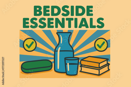 Retro Nightstand Essentials. Bedside Essentials ? Retro Poster; bold rounded headline, centered layout with radial halftone rays; soft drop shadow; background: