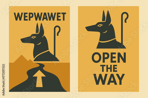 Opener of the Ways. Opener of the Ways. Two vertical A6 banners with safe margins, centered composition, no elements touching edges, flat vector design, ochre