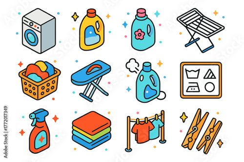 Isometric Laundry Icons. Laundry and garment care. Colorful isometric vector icons set of Laundry and garment care: washing machine, detergent bottle, fabric