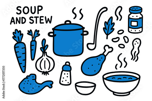 Soup and Stew Illustrations. // Soup and stew. Hand-drawn doodle illustration Soup and stew [stockpot (accented), ladle, carrots (accented), celery, onion