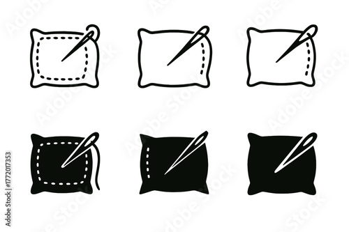 Stylized Sewing Logos. Sewing pillowcase. Set Logo of Sewing pillowcase: needle stitching along edge. harmonious logo variations of the same emblematic