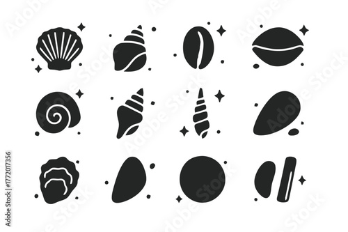 Seashell Icon Grid. Seashells. Solid icons set of Seashells: scallop shell, conch shell, cowrie shell, clam shell, nautilus shell, whelk shell, auger shell,