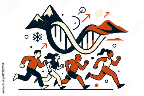 Evolutionary Climate Resilience. Genetic adaptation to extreme climate conditions. DNA helix transforming into mountain peaks and desert dunes, symbolizing